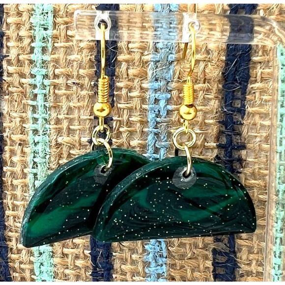 Artisan Green & Black Swirl Half Circle Dangle Earrings 1.5" Drop - Picture 2 of 2